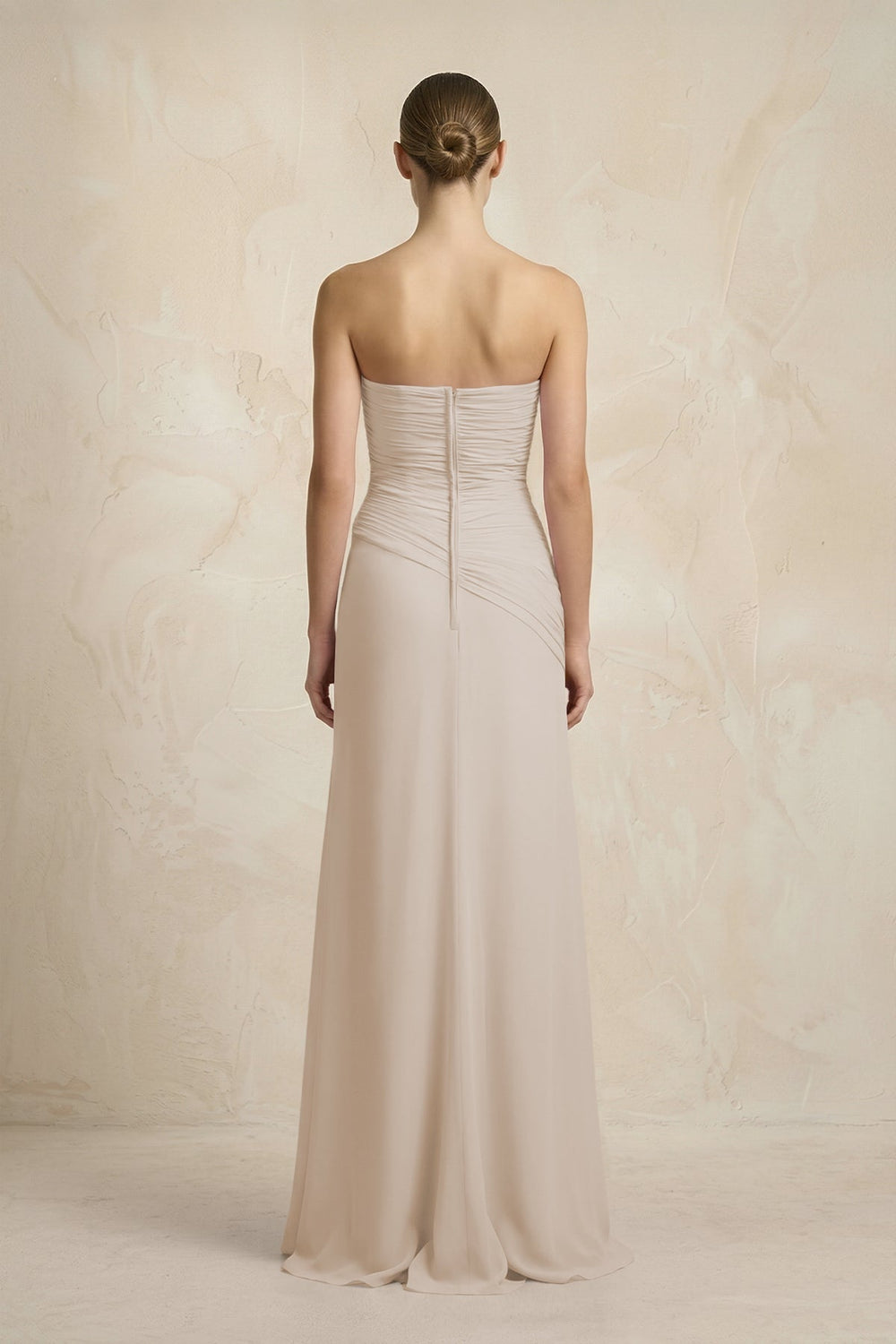 Sheath Chiffon Strapless Pleated Bridesmaid Dress in Frost - KissProm Bridesmaid Dresses