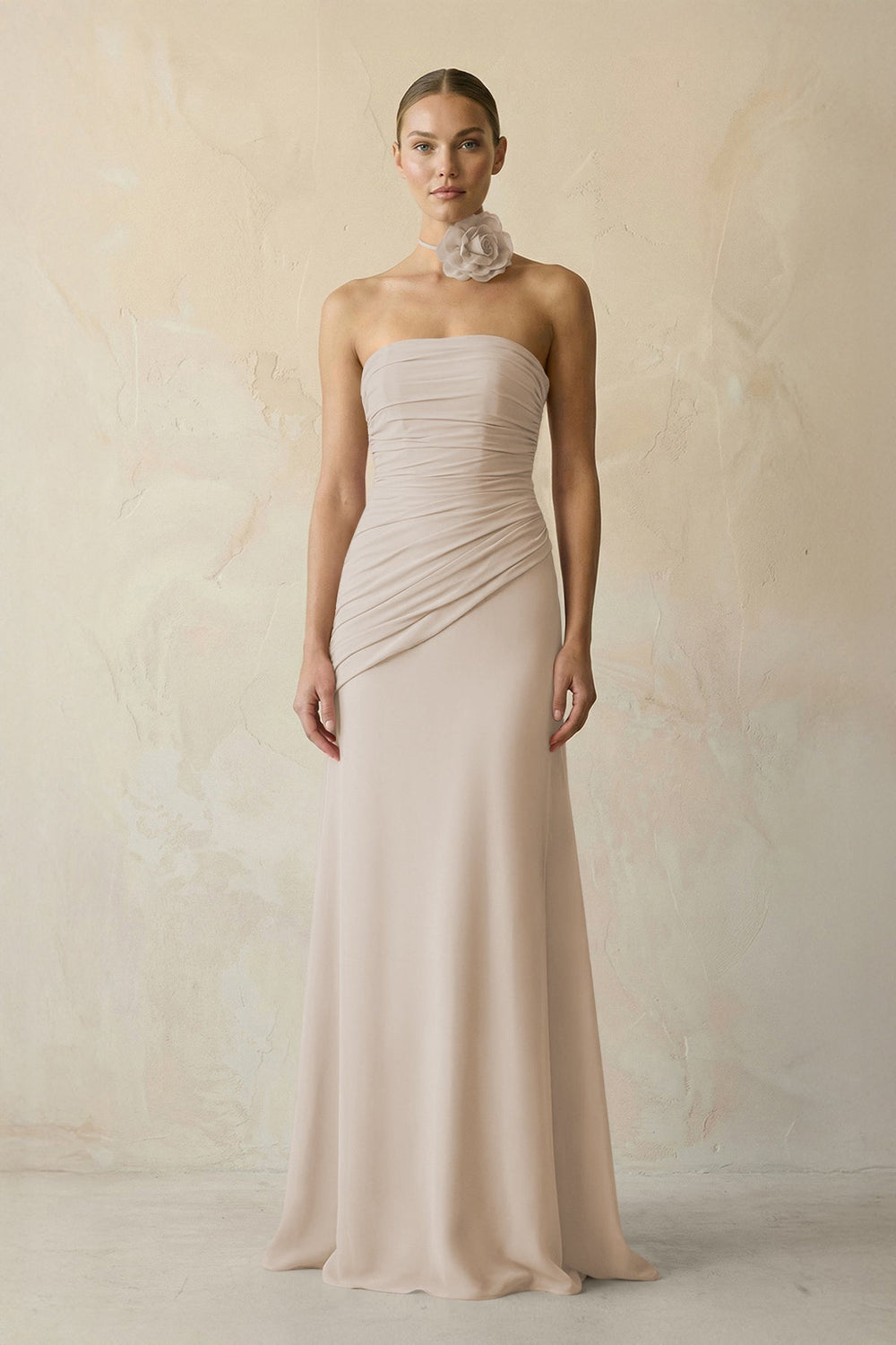 Sheath Chiffon Strapless Pleated Bridesmaid Dress in Frost - KissProm Bridesmaid Dresses