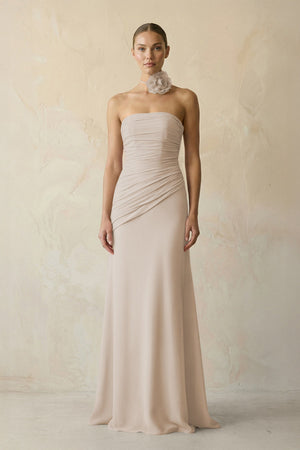 Sheath Chiffon Strapless Pleated Bridesmaid Dress in Frost - KissProm Bridesmaid Dresses