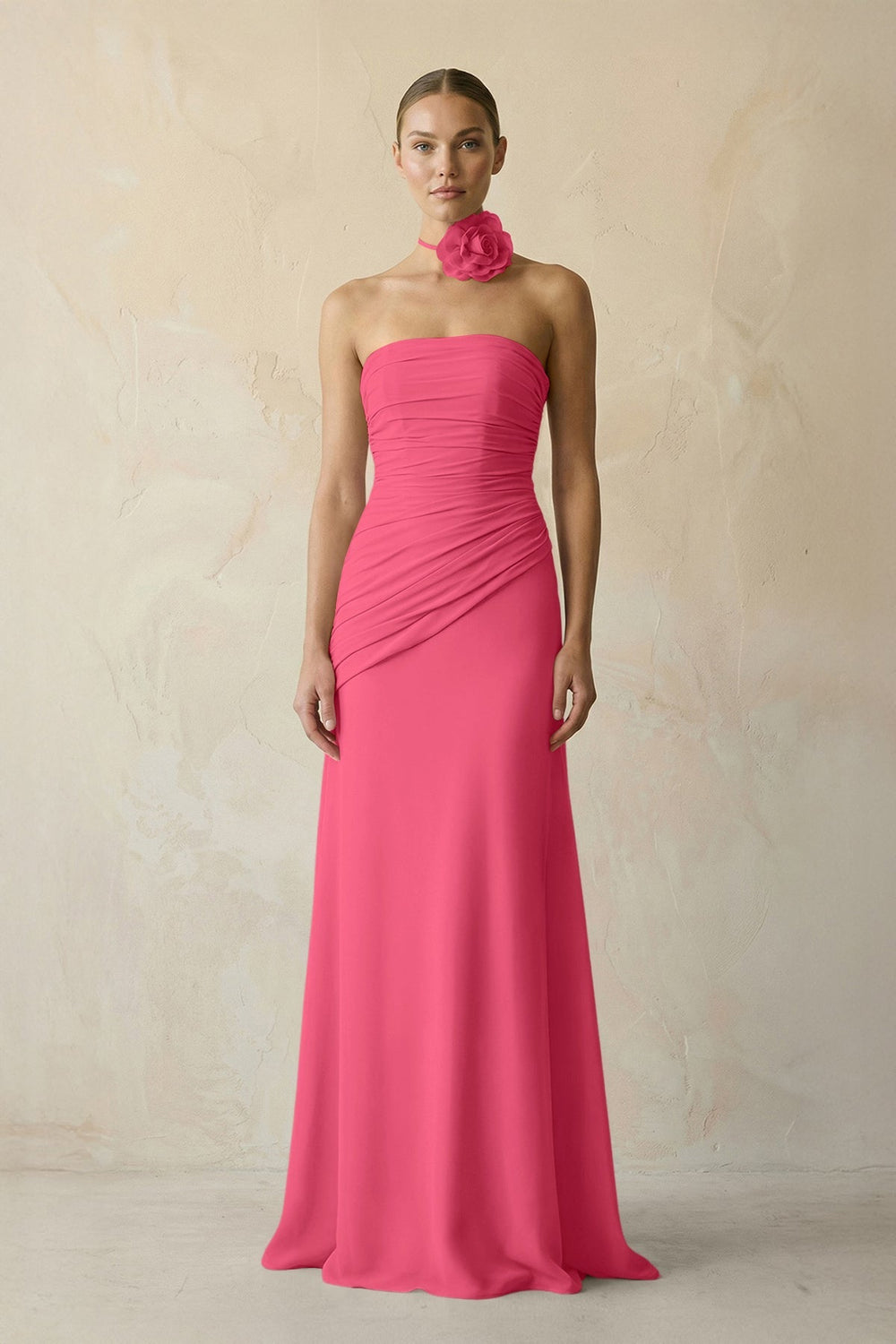 Sheath Chiffon Strapless Pleated Bridesmaid Dress in Fuchsia - KissProm Bridesmaid Dresses