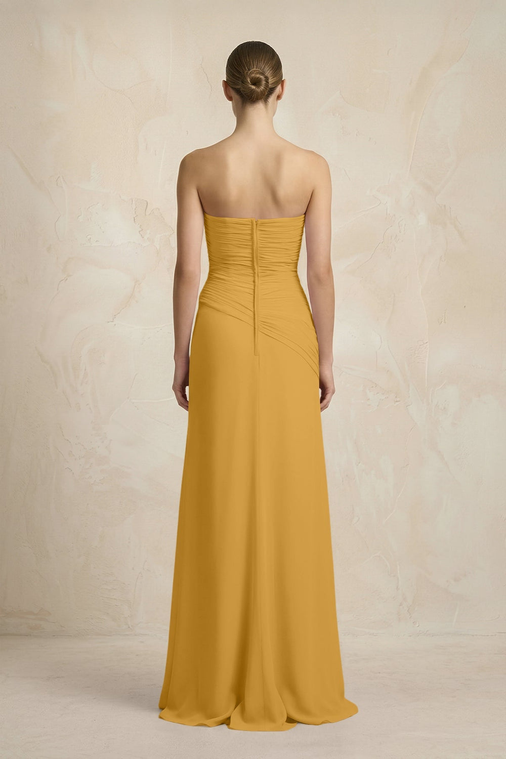 Sheath Chiffon Strapless Pleated Bridesmaid Dress in Marigold - KissProm Bridesmaid Dresses
