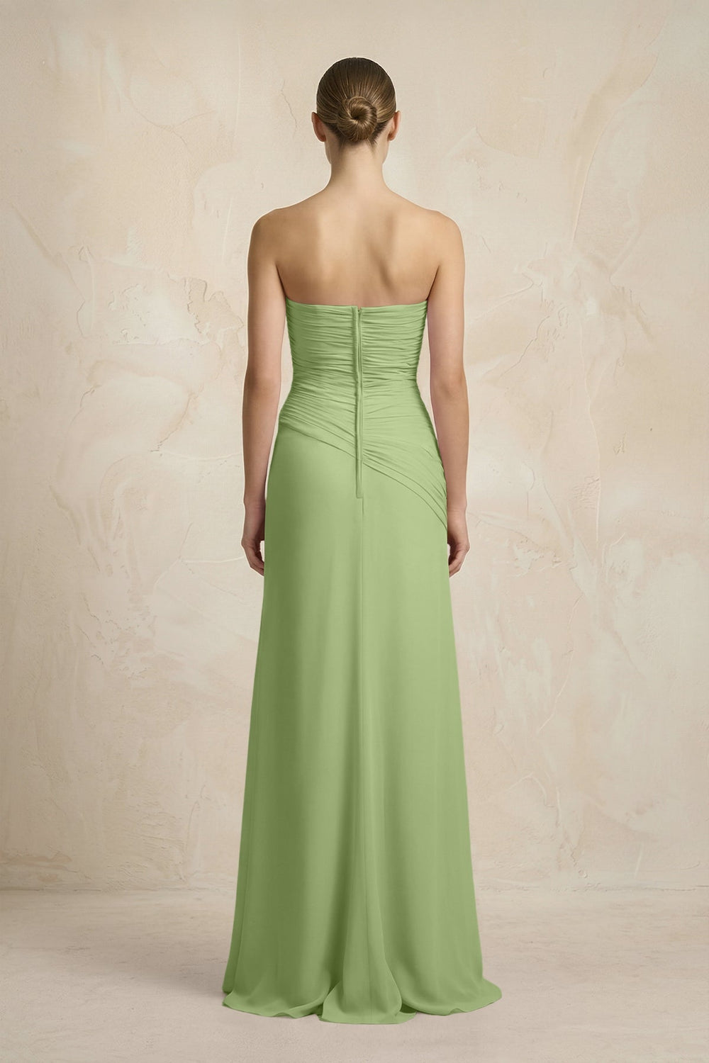 Sheath Chiffon Strapless Pleated Bridesmaid Dress in Matcha - KissProm Bridesmaid Dresses