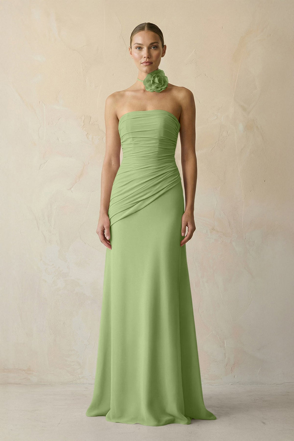 Sheath Chiffon Strapless Pleated Bridesmaid Dress in Matcha - KissProm Bridesmaid Dresses