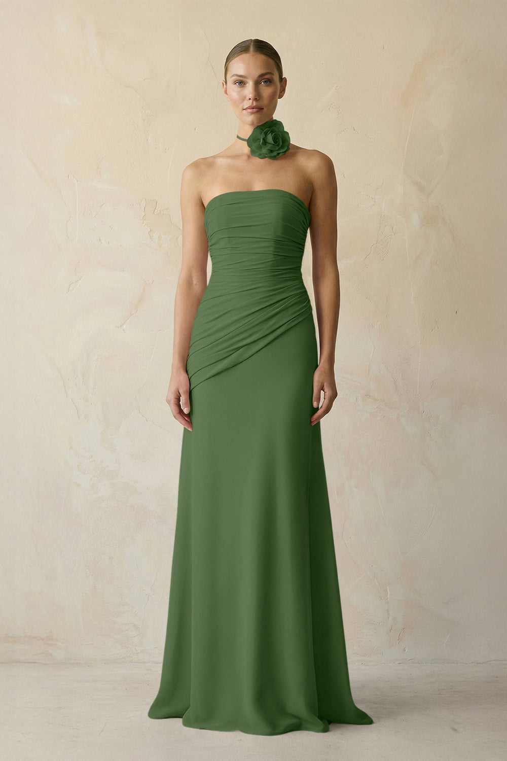 Sheath Chiffon Strapless Pleated Bridesmaid Dress in Moss - KissProm Bridesmaid Dresses