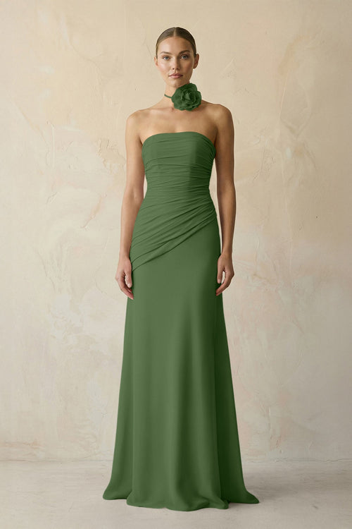 Sheath Chiffon Strapless Pleated Bridesmaid Dress in Moss - KissProm Bridesmaid Dresses