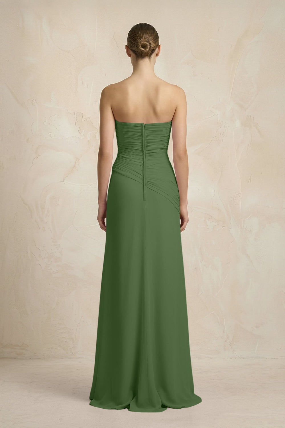 Sheath Chiffon Strapless Pleated Bridesmaid Dress in Moss - KissProm Bridesmaid Dresses