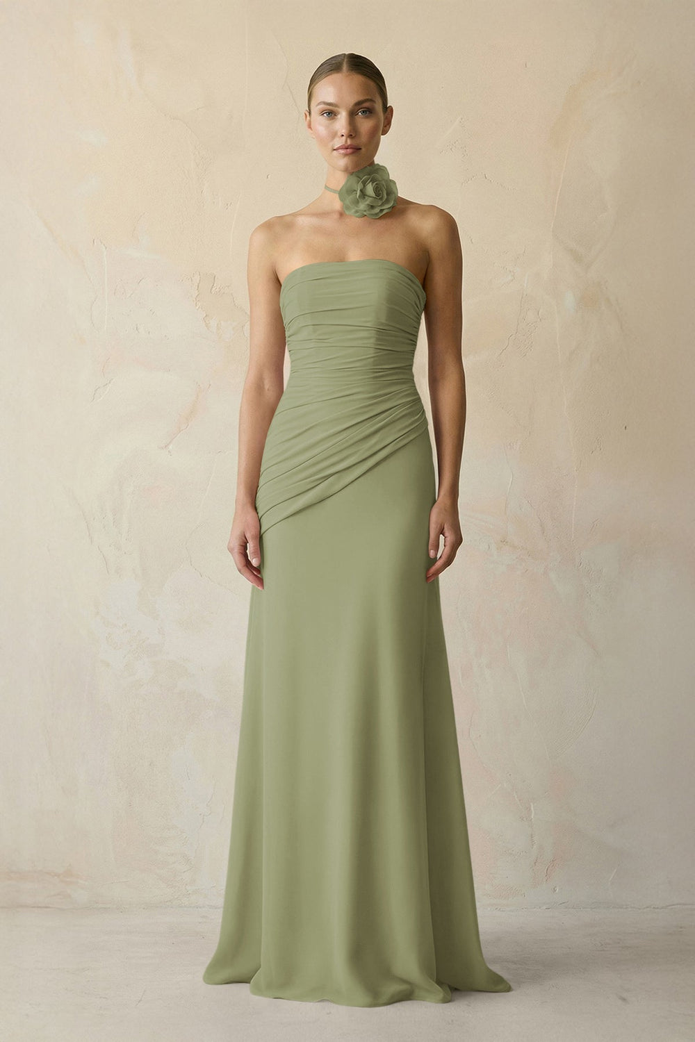 Sheath Chiffon Strapless Pleated Bridesmaid Dress in Moss Green - KissProm Bridesmaid Dresses