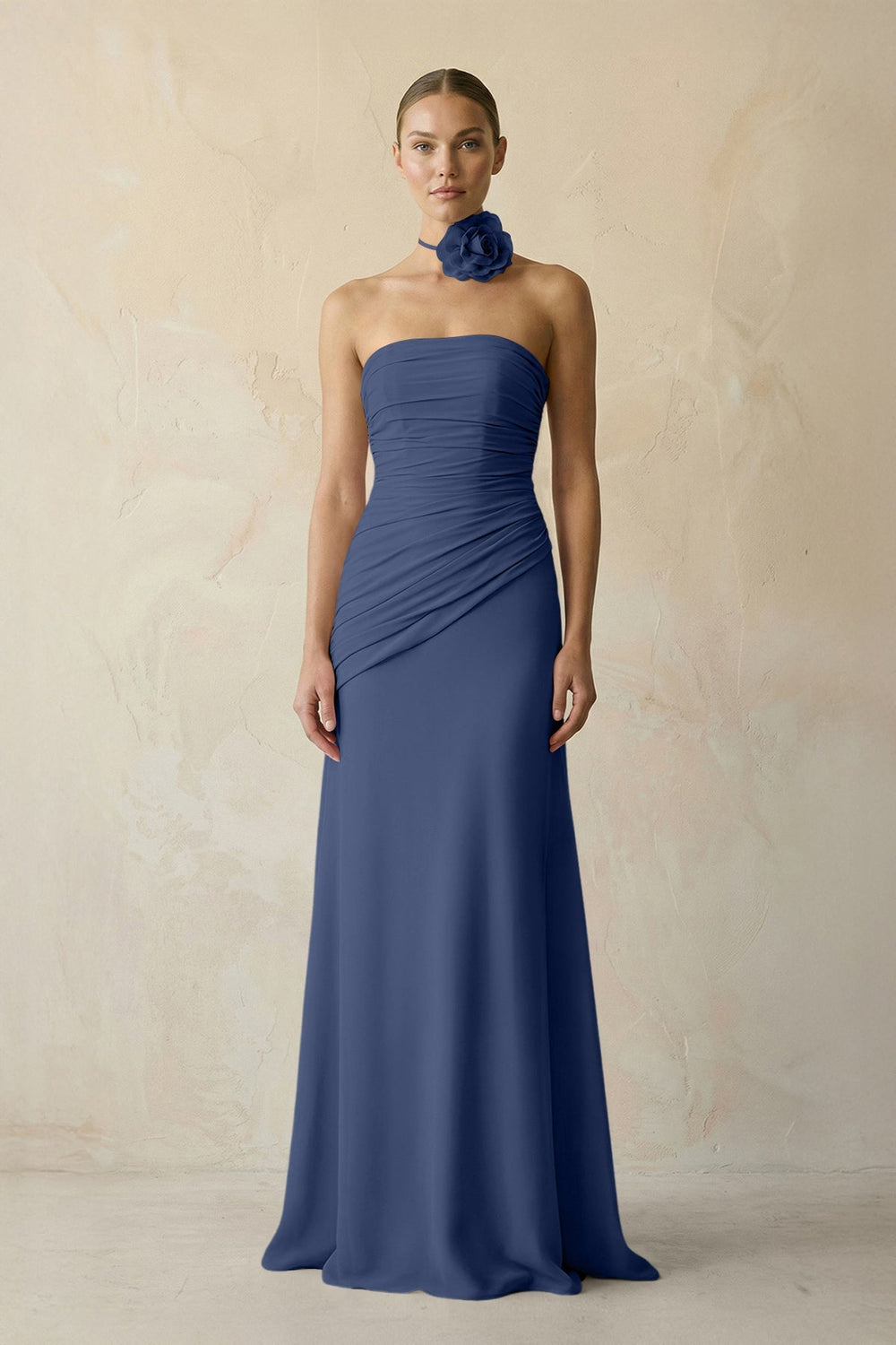 Sheath Chiffon Strapless Pleated Bridesmaid Dress in Navy - KissProm Bridesmaid Dresses