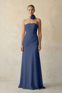 Sheath Chiffon Strapless Pleated Bridesmaid Dress in Navy - KissProm Bridesmaid Dresses