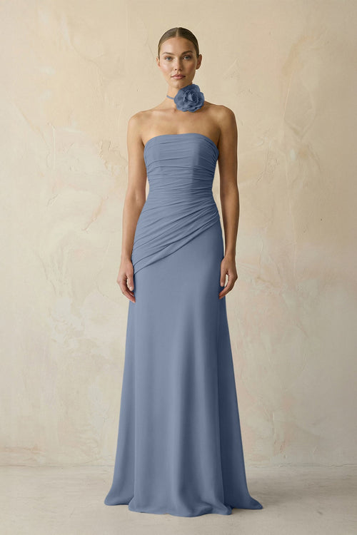 Sheath Chiffon Strapless Pleated Bridesmaid Dress in Neptune - KissProm Bridesmaid Dresses