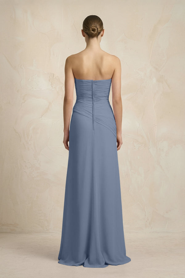 Sheath Chiffon Strapless Pleated Bridesmaid Dress in Neptune - KissProm Bridesmaid Dresses