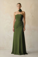 Sheath Chiffon Strapless Pleated Bridesmaid Dress in Olive - KissProm Bridesmaid Dresses