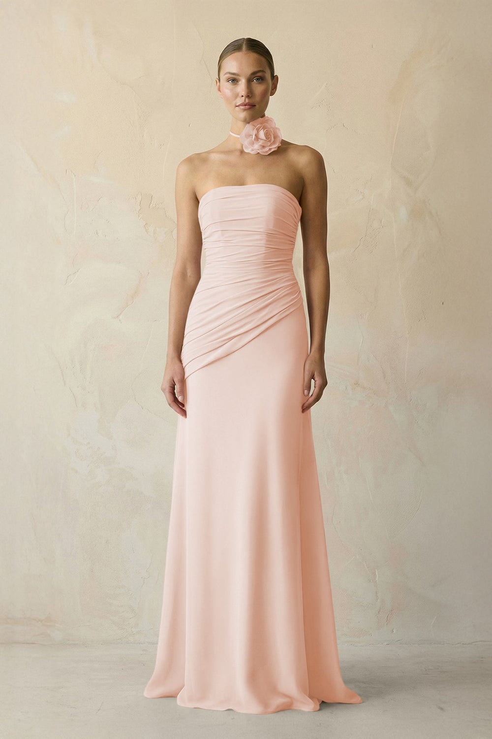 Sheath Chiffon Strapless Pleated Bridesmaid Dress in Pale Blush - KissProm Bridesmaid Dresses