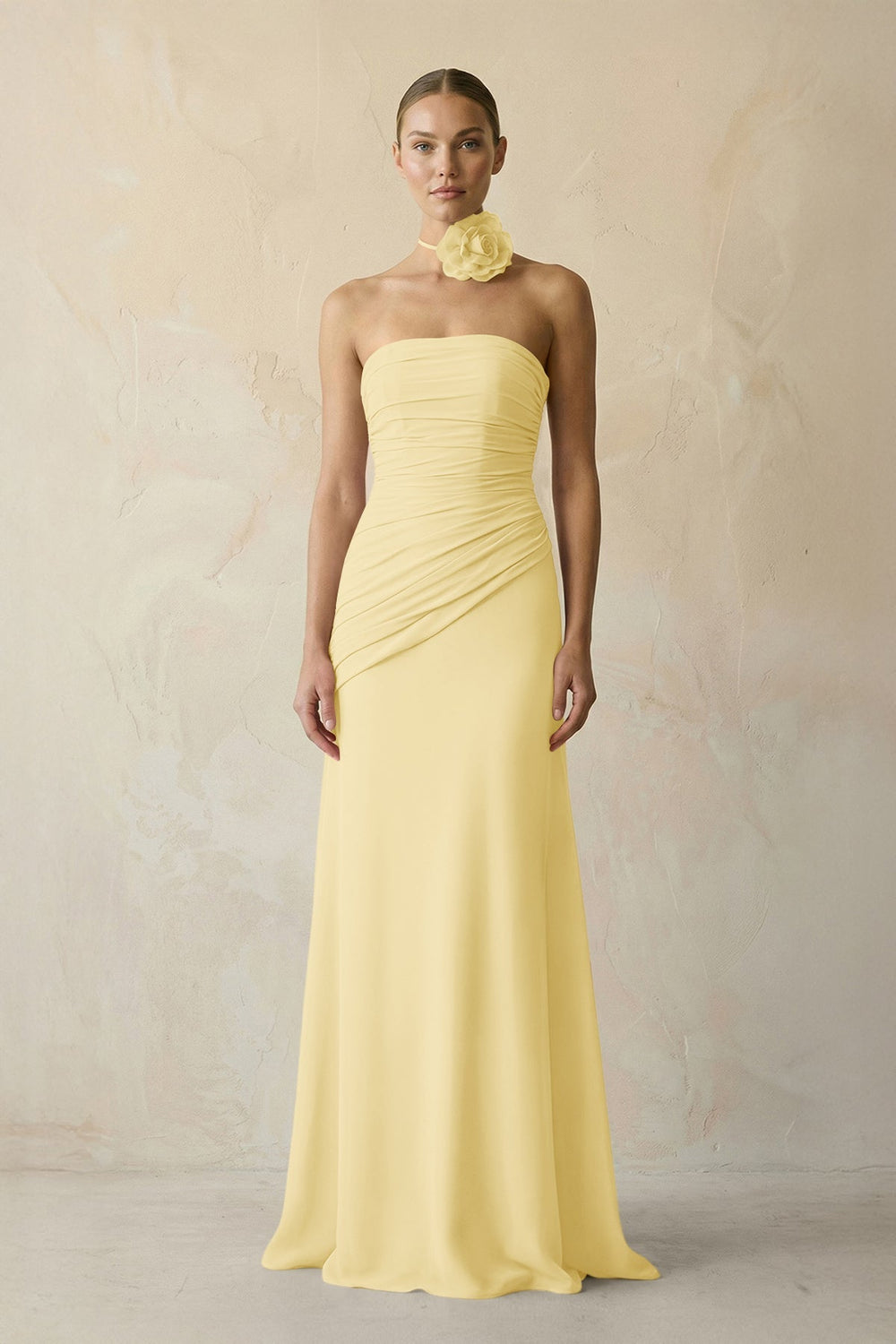 Sheath Chiffon Strapless Pleated Bridesmaid Dress in Pastel Yellow - KissProm Bridesmaid Dresses