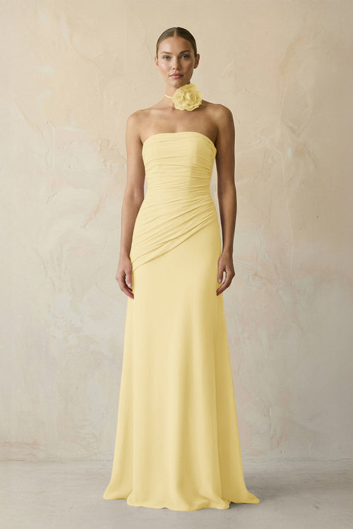Sheath Chiffon Strapless Pleated Bridesmaid Dress in Pastel Yellow - KissProm Bridesmaid Dresses