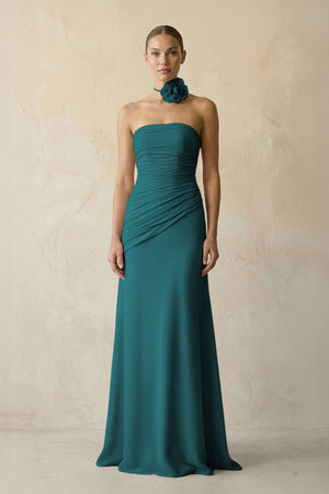 Sheath Chiffon Strapless Pleated Bridesmaid Dress in Pine - KissProm Bridesmaid Dresses