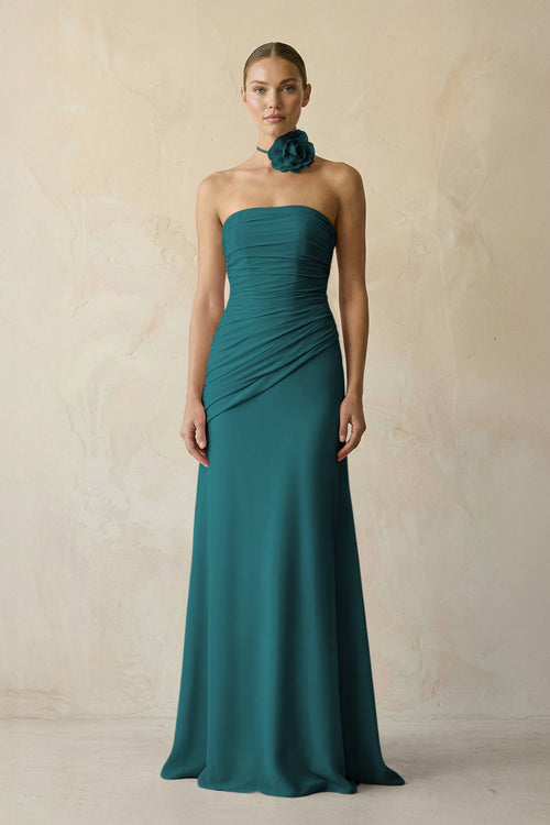 Sheath Chiffon Strapless Pleated Bridesmaid Dress in Pine - KissProm Bridesmaid Dresses