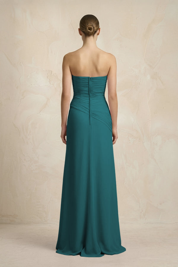 Sheath Chiffon Strapless Pleated Bridesmaid Dress in Pine - KissProm Bridesmaid Dresses