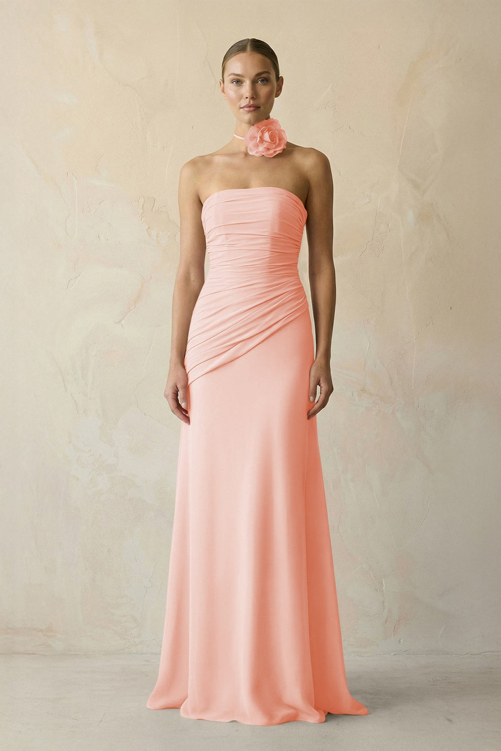 Sheath Chiffon Strapless Pleated Bridesmaid Dress in Rose Petal - KissProm Bridesmaid Dresses