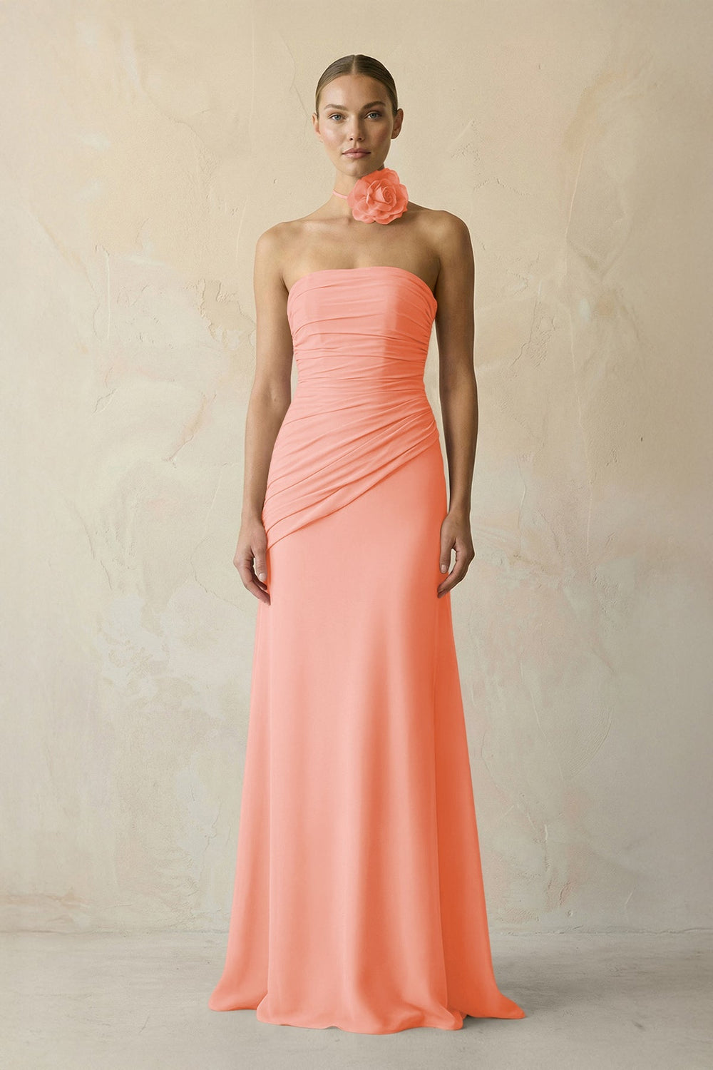 Sheath Chiffon Strapless Pleated Bridesmaid Dress in Rosette - KissProm Bridesmaid Dresses