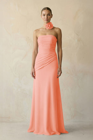 Sheath Chiffon Strapless Pleated Bridesmaid Dress in Rosette - KissProm Bridesmaid Dresses