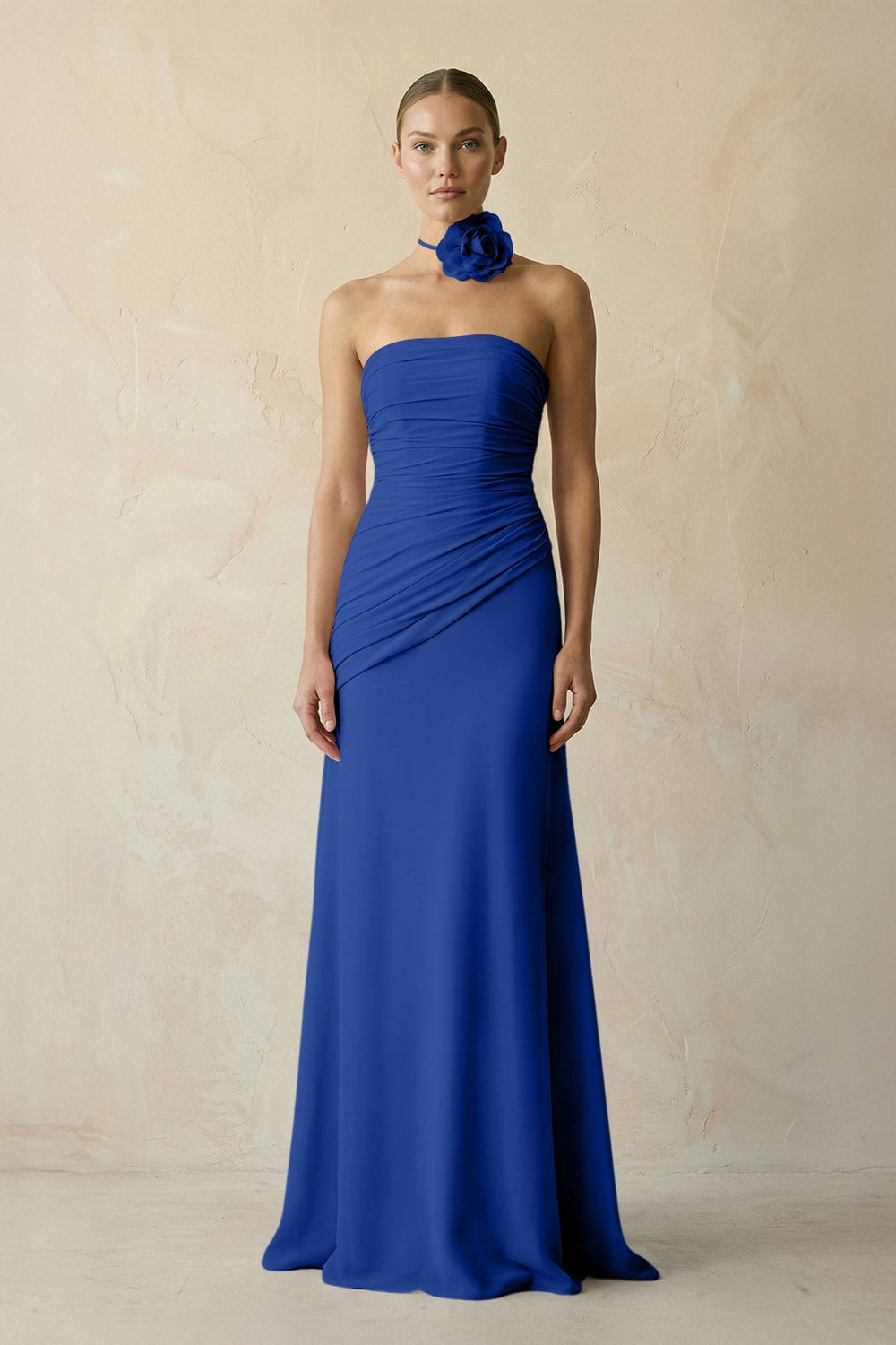 Sheath Chiffon Strapless Pleated Bridesmaid Dress in Royal Blue - KissProm Bridesmaid Dresses