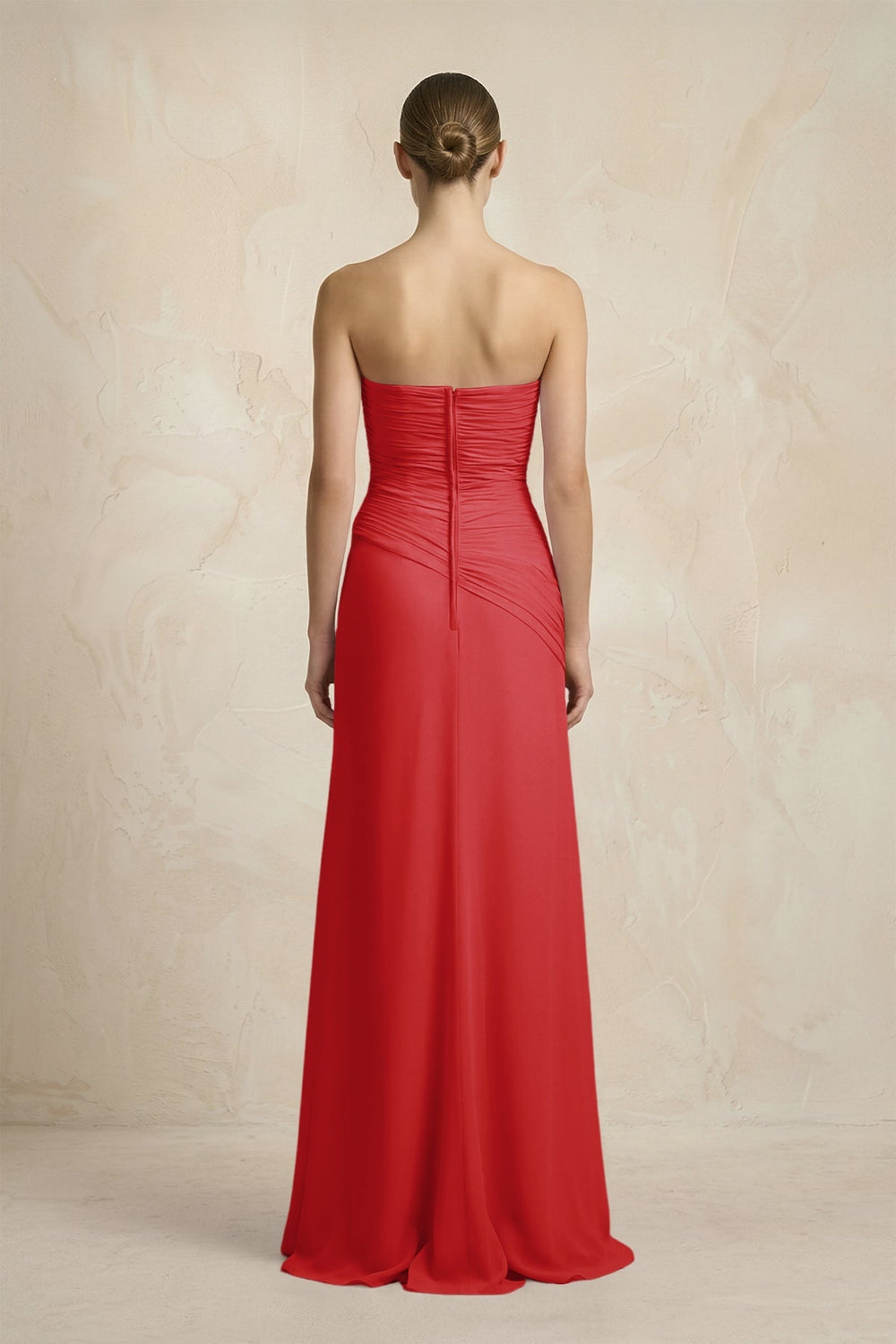 Sheath Chiffon Strapless Pleated Bridesmaid Dress in Ruby Red - KissProm Bridesmaid Dresses