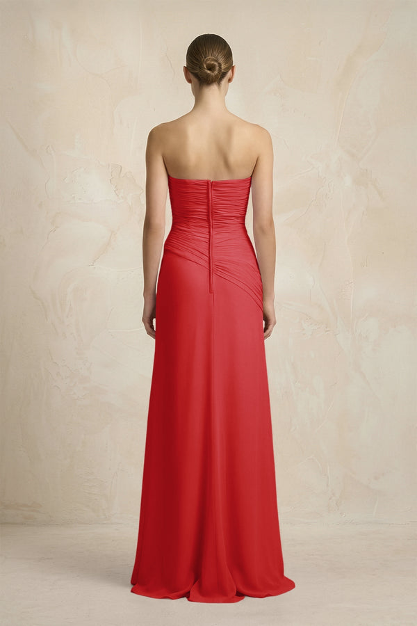 Sheath Chiffon Strapless Pleated Bridesmaid Dress in Ruby Red - KissProm Bridesmaid Dresses