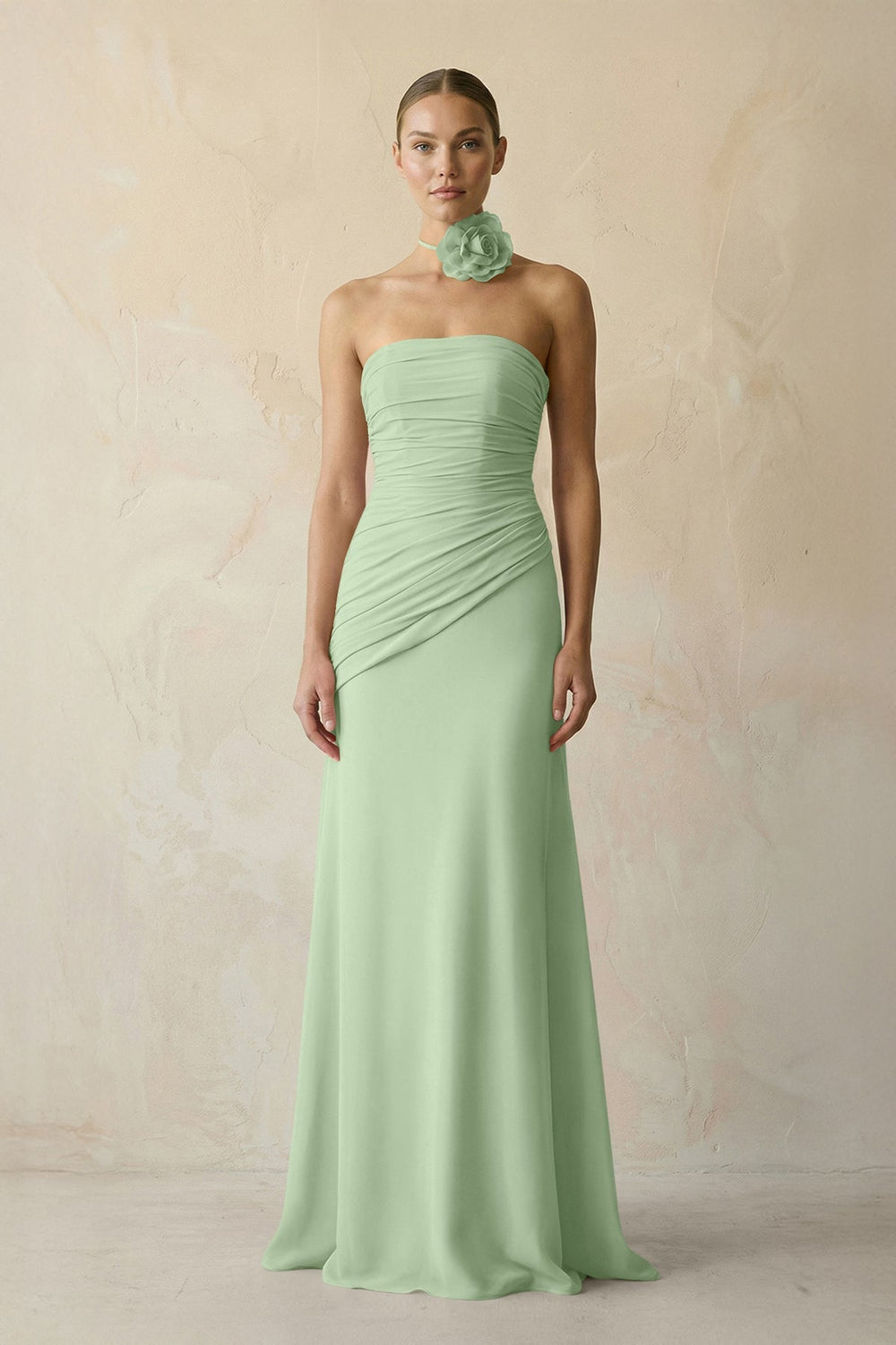Sheath Chiffon Strapless Pleated Bridesmaid Dress in Sage - KissProm Bridesmaid Dresses