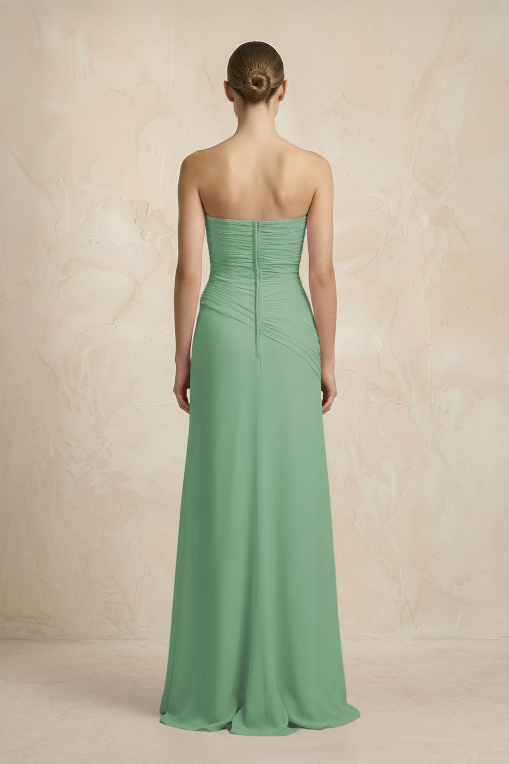 Sheath Chiffon Strapless Pleated Bridesmaid Dress in Sea Glass - KissProm Bridesmaid Dresses