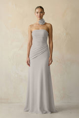Sheath Chiffon Strapless Pleated Bridesmaid Dress in Silver - KissProm Bridesmaid Dresses