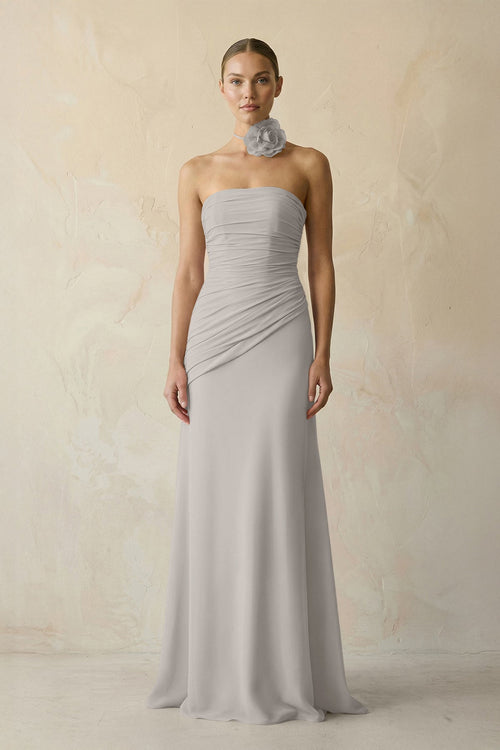 Sheath Chiffon Strapless Pleated Bridesmaid Dress in Silver - KissProm Bridesmaid Dresses