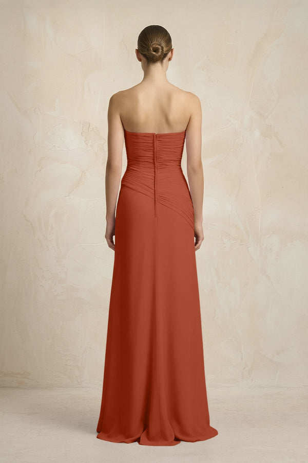 Sheath Chiffon Strapless Pleated Bridesmaid Dress in Spice - KissProm Bridesmaid Dresses