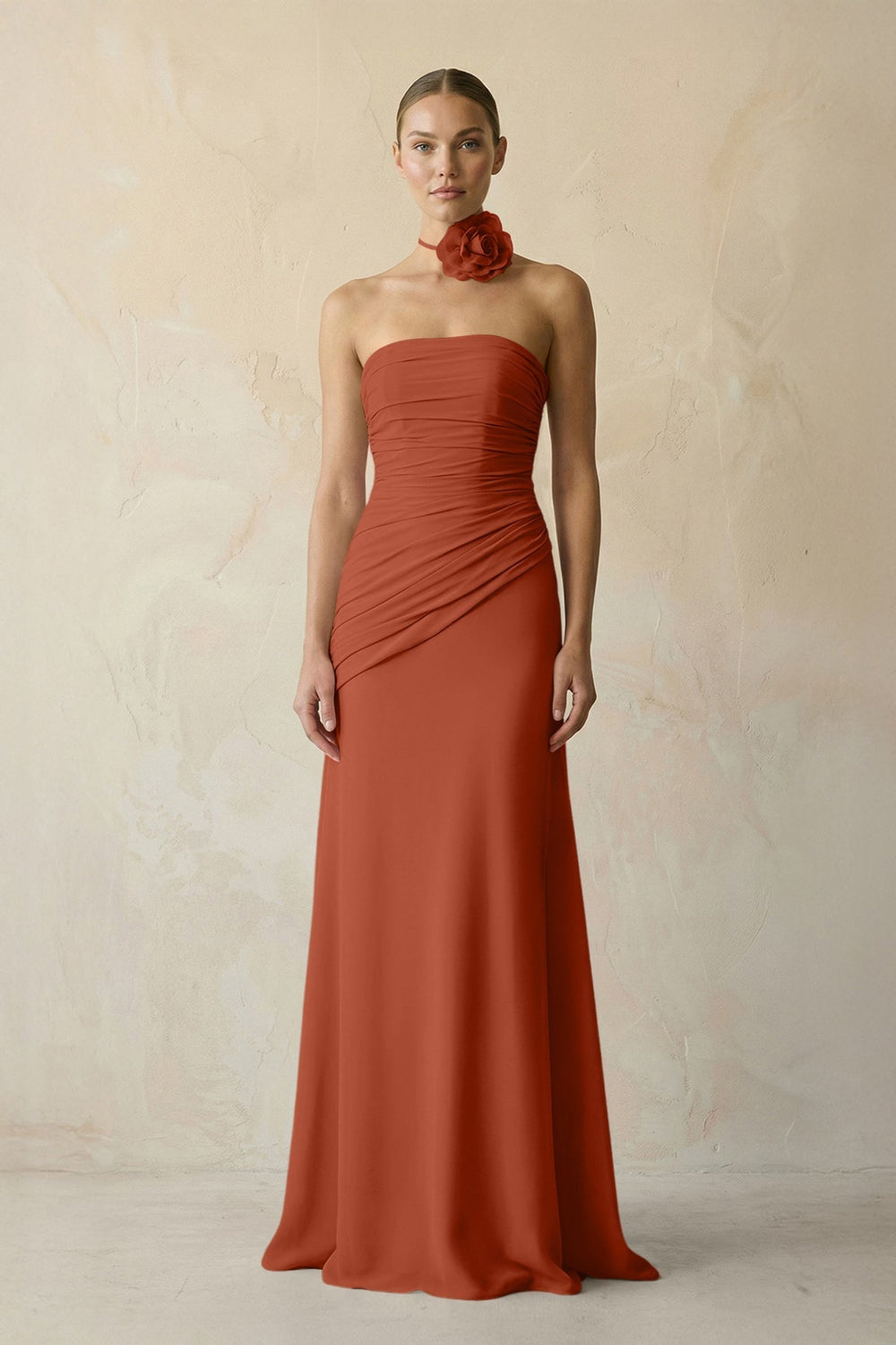 Sheath Chiffon Strapless Pleated Bridesmaid Dress in Spice - KissProm Bridesmaid Dresses