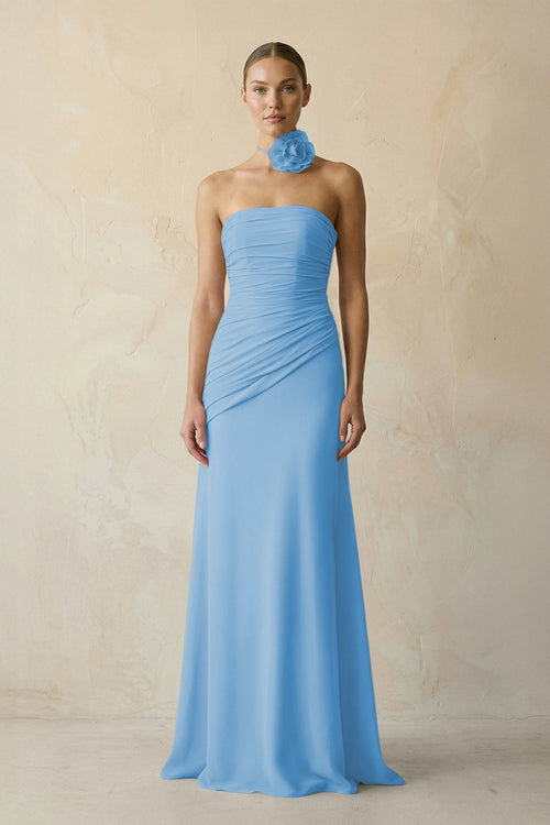 Sheath Chiffon Strapless Pleated Bridesmaid Dress in Steel Blue - KissProm Bridesmaid Dresses