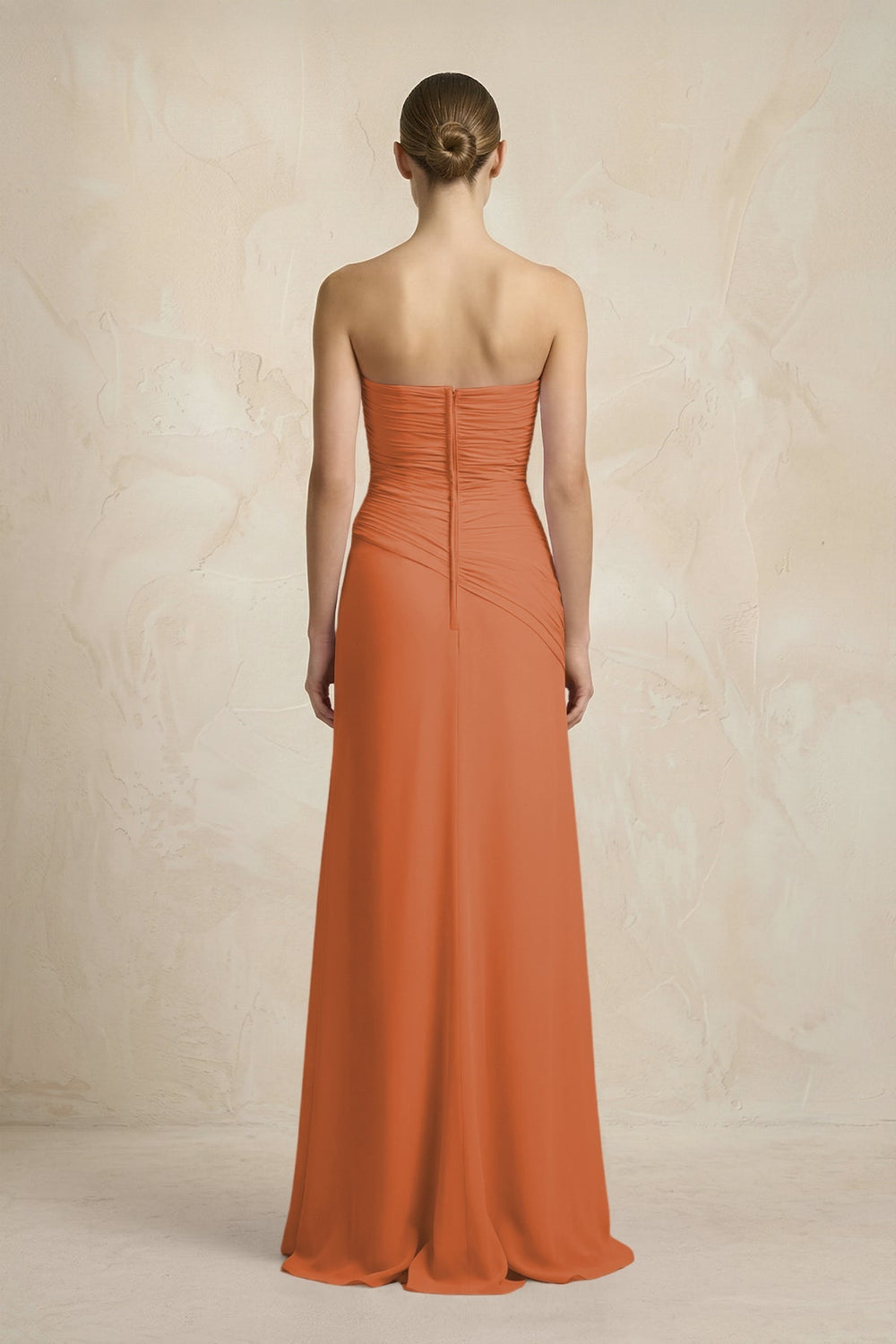 Sheath Chiffon Strapless Pleated Bridesmaid Dress in Terracotta - KissProm Bridesmaid Dresses
