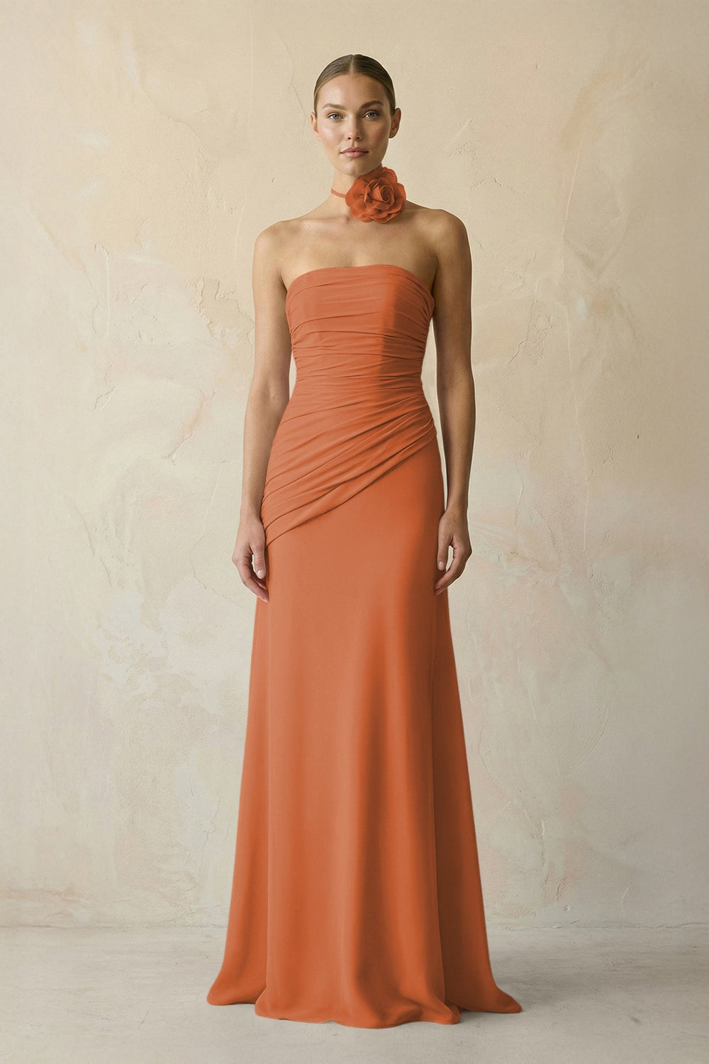 Sheath Chiffon Strapless Pleated Bridesmaid Dress in Terracotta - KissProm Bridesmaid Dresses