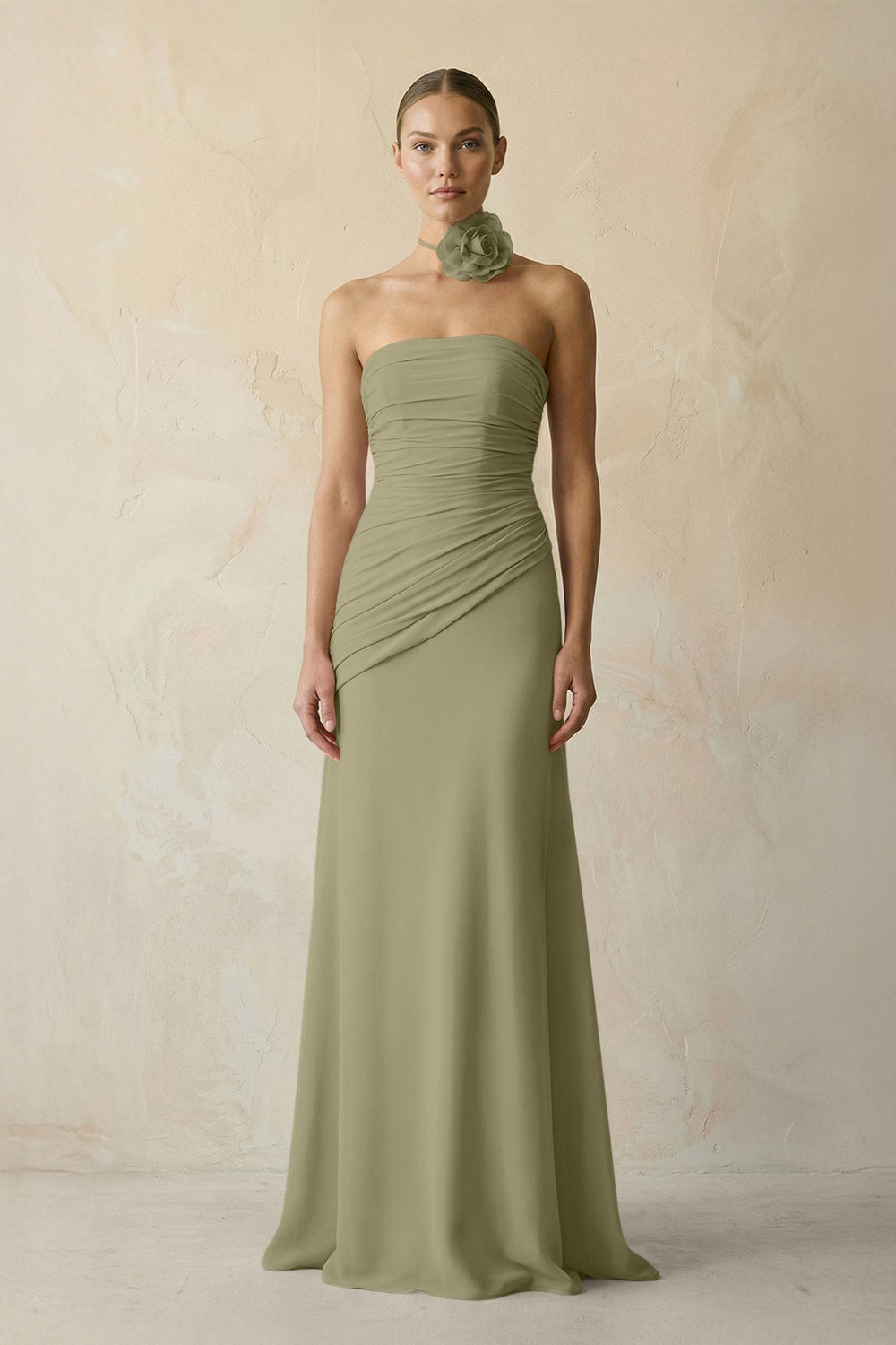 Sheath Chiffon Strapless Pleated Bridesmaid Dress in Thyme - KissProm Bridesmaid Dresses
