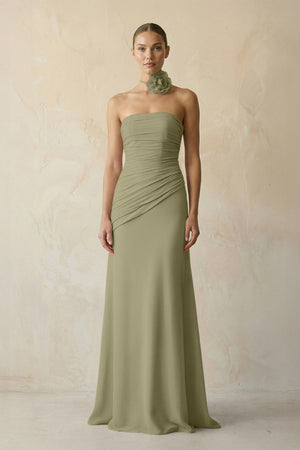 Sheath Chiffon Strapless Pleated Bridesmaid Dress in Thyme - KissProm Bridesmaid Dresses