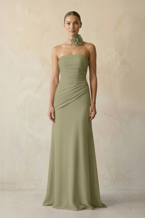 Sheath Chiffon Strapless Pleated Bridesmaid Dress in Thyme - KissProm Bridesmaid Dresses