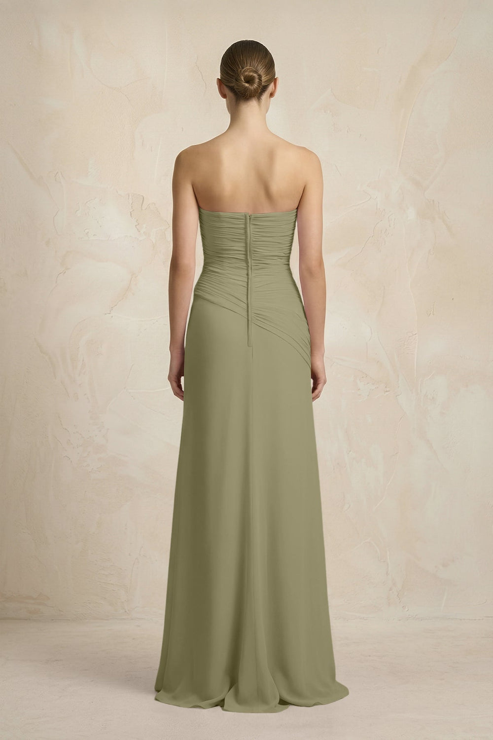 Sheath Chiffon Strapless Pleated Bridesmaid Dress in Thyme - KissProm Bridesmaid Dresses
