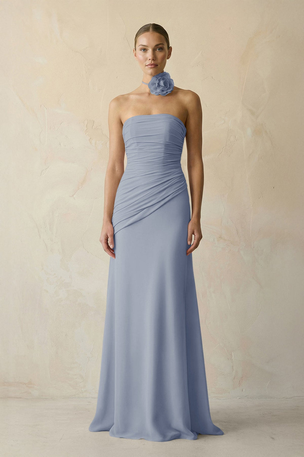 Sheath Chiffon Strapless Pleated Bridesmaid Dress in Twilight - KissProm Bridesmaid Dresses