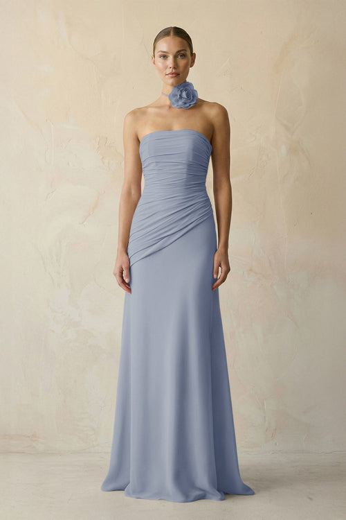 Sheath Chiffon Strapless Pleated Bridesmaid Dress in Twilight - KissProm Bridesmaid Dresses