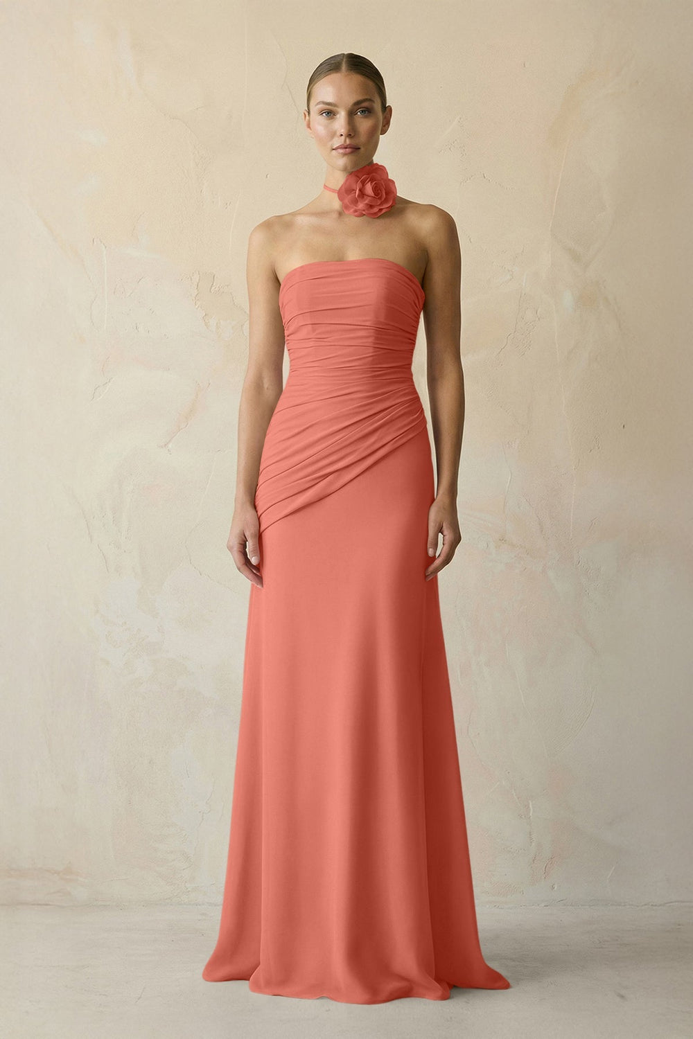 Sheath Chiffon Strapless Pleated Bridesmaid Dress in Wild Rose - KissProm Bridesmaid Dresses