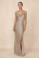 Sheath Cowl Neck Satin Bridesmaid Dress With Slit in Almond - KissProm Bridesmaid Dresses