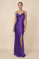 Sheath Cowl Neck Satin Bridesmaid Dress With Slit in Amethyst - KissProm Bridesmaid Dresses