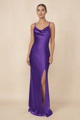 Sheath Cowl Neck Satin Bridesmaid Dress With Slit in Amethyst - KissProm Bridesmaid Dresses