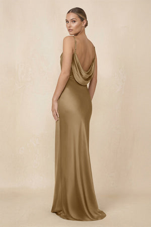 Sheath Cowl Neck Satin Bridesmaid Dress With Slit in Apple Cinnamon - KissProm Bridesmaid Dresses