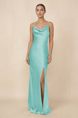 Sheath Cowl Neck Satin Bridesmaid Dress With Slit in Aqua - KissProm Bridesmaid Dresses