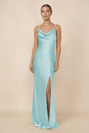 Sheath Cowl Neck Satin Bridesmaid Dress With Slit in Bleached Aqua - KissProm Bridesmaid Dresses